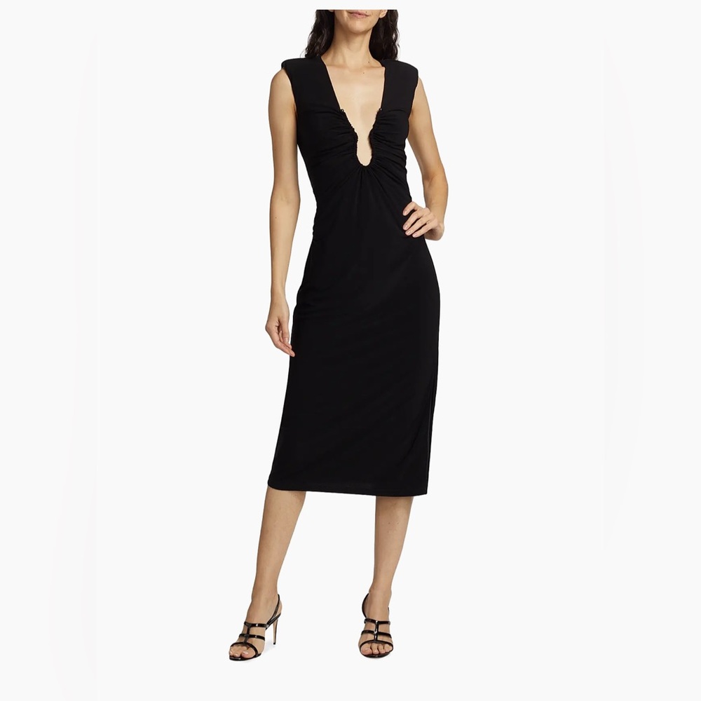 Ramy Brook Black Ruched Jersey Midi Dress | Size 10 | NWT